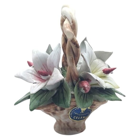 Celani Other - Vintage Capodimonte Porcelain Floral Twisted Handle Basket Lillies Celani Italy